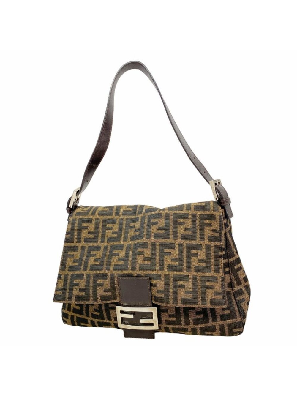 Fendi Handbag Zucca Mamma Bucket Nylon Canvas Brown Silver